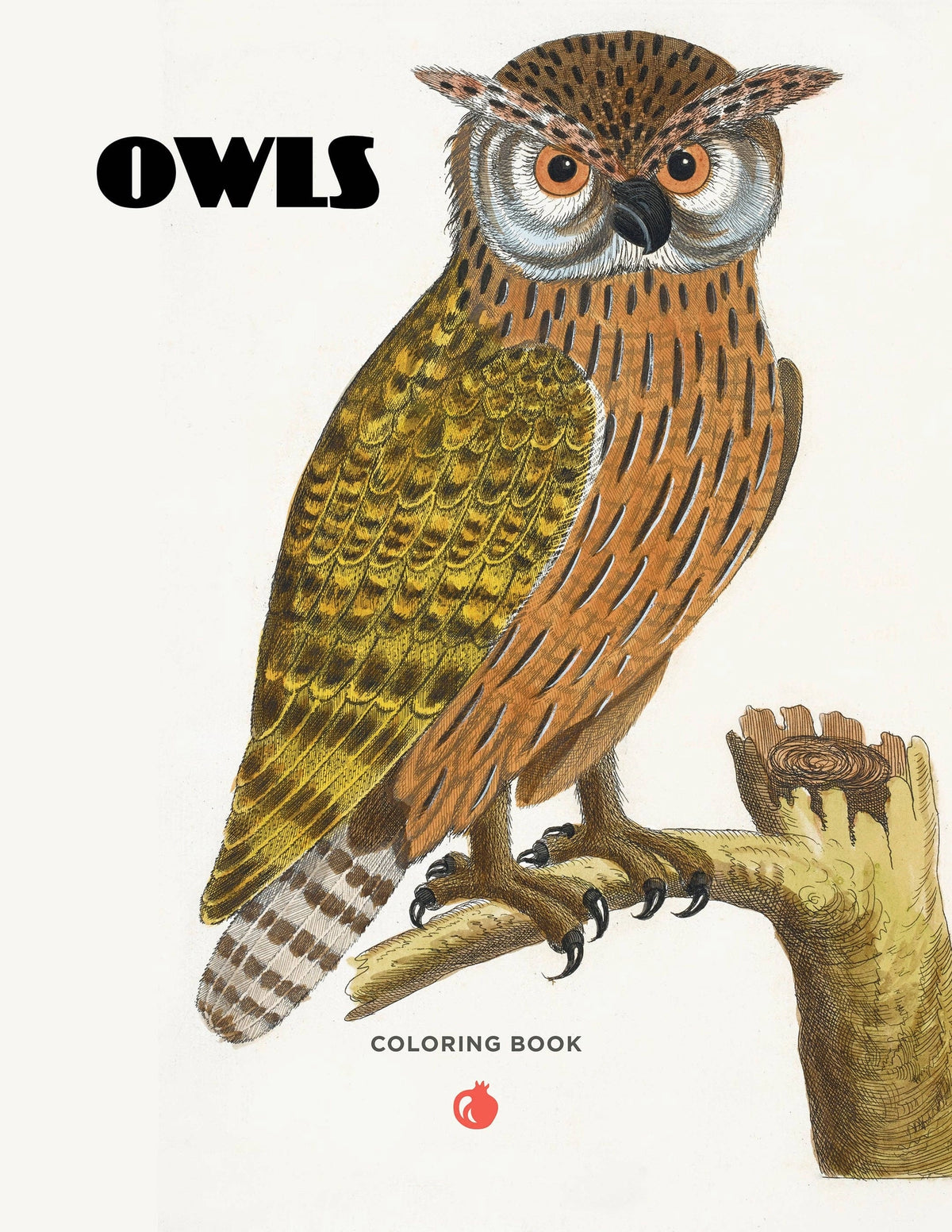 Certainly! Here is the rewritten sentence using your product data: Illustration of a brown owl with yellow eyes perched on a branch. “Owls Coloring Book” is written in large black letters at the top, and “Coloring Book” appears at the bottom with a small red icon. This adult coloring book features high-quality paper, perfect for bringing each owl to life with vibrant colors.