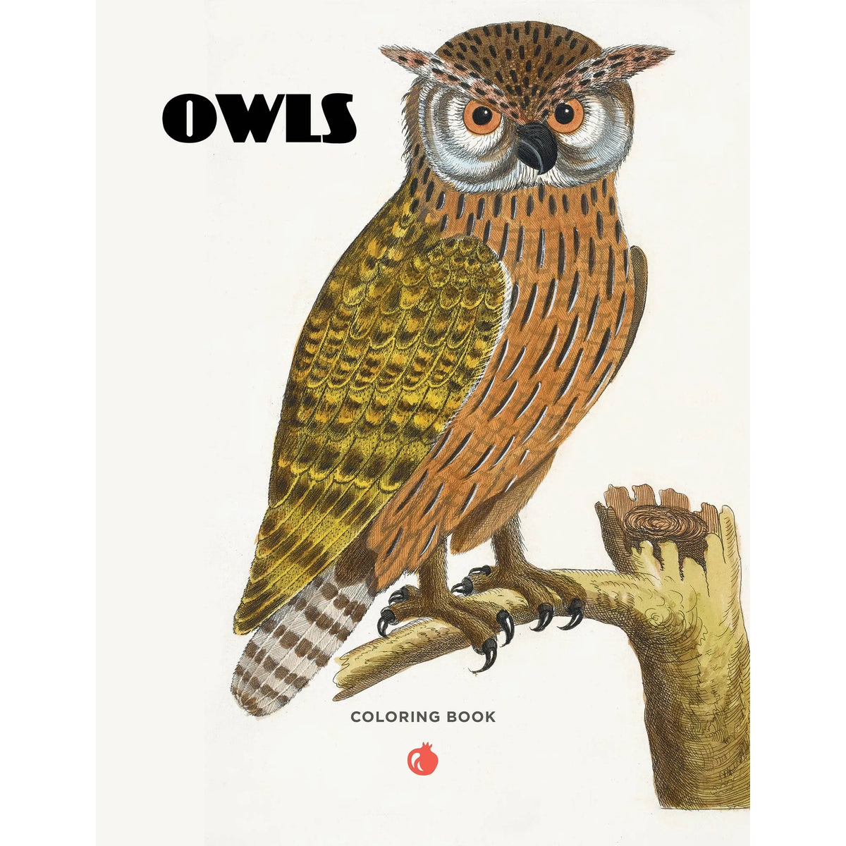 Certainly! Here is the rewritten sentence using your product data: Illustration of a brown owl with yellow eyes perched on a branch. “Owls Coloring Book” is written in large black letters at the top, and “Coloring Book” appears at the bottom with a small red icon. This adult coloring book features high-quality paper, perfect for bringing each owl to life with vibrant colors.