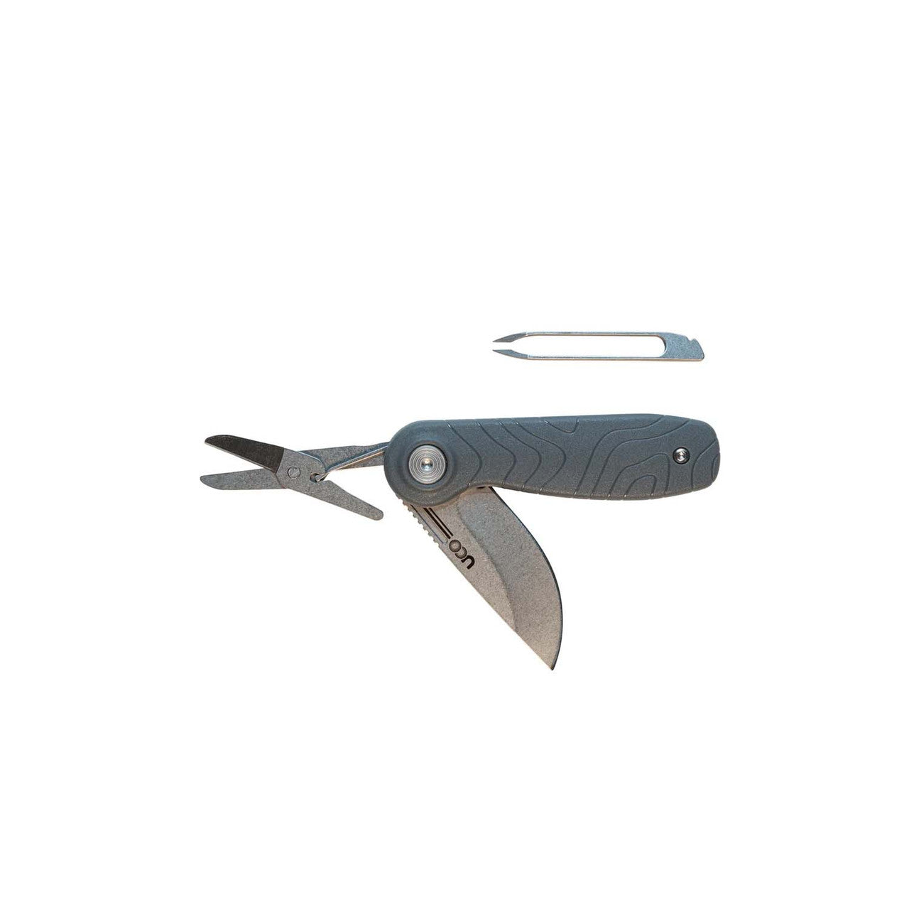UCO Nason Pocket Knife with folding blade, scissors, and a separate pick tool, designed for utility and comfort, reflecting outdoor innovation from Kent of Inglewood.