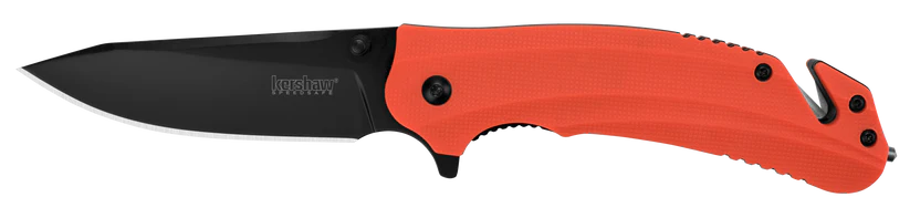 Orange folding knife with black blade on a white background