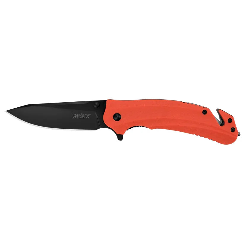 Orange folding knife with black blade on a white background