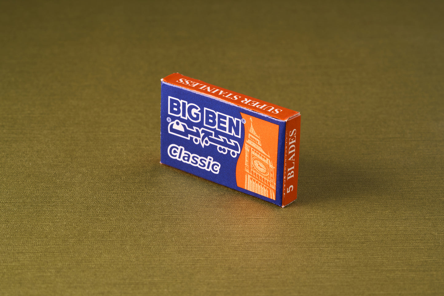 Big Ben Stainless Double Edge Razor Blades (5 Blades) in a blue-orange box featuring Big Ben illustration, ideal for smooth shaves, perfect for beginners or sensitive skin.