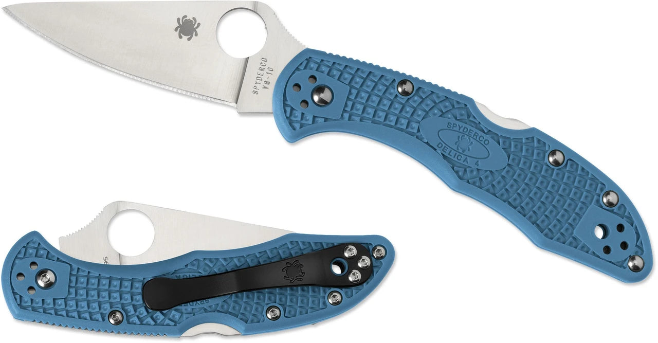 The Spyderco Delica 4 VG-10, shown both open and closed, features a blue handle, VG-10 blade with thumb hole, textured grip, metal pocket clip, visible screws, and the Spyderco logo on both blade and handle.