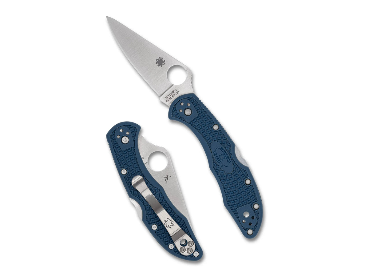 Spyderco Delica 4 CPM SPY27 pocket knife, shown open and closed, features a textured FRN handle and flat-ground stainless steel blade with reversible pocket clip.