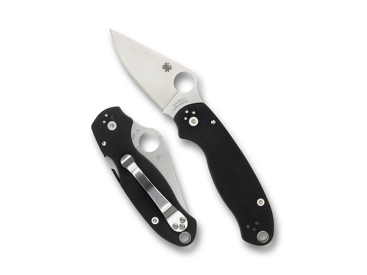 Spyderco Para 3 folding pocket knife shown open with stainless blade and closed with black G-10 handle, highlighting versatility and ease of one-handed use.