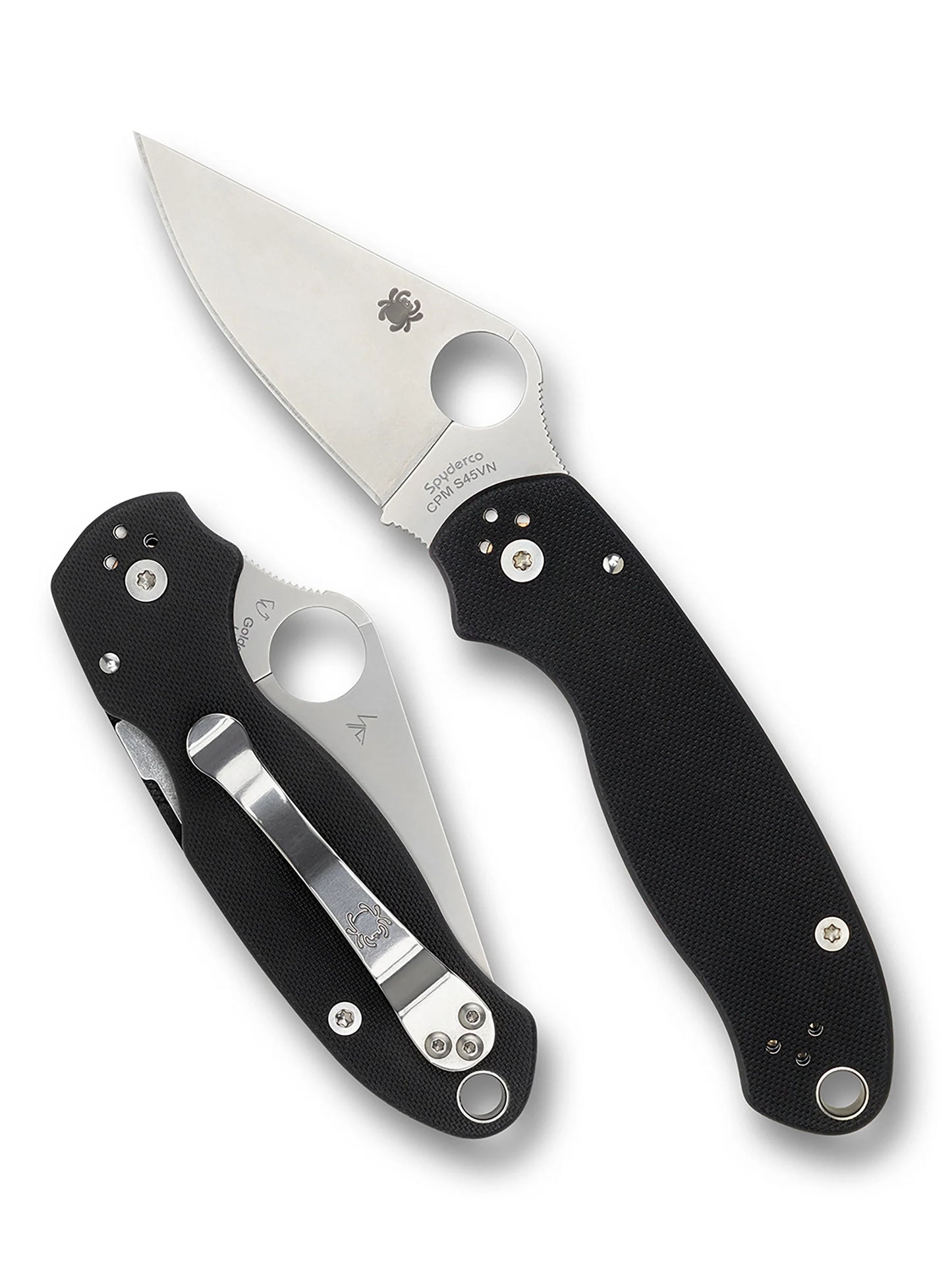 Spyderco Para 3 folding pocket knife shown open with stainless blade and closed with black G-10 handle, highlighting versatility and ease of one-handed use.