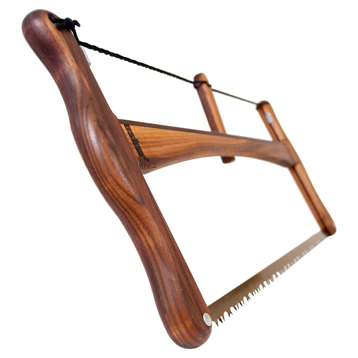 Esker Folding Bucksaw, a wooden hand-held frame saw with a tensioned blade, ideal for cutting logs, collapsible, ergonomic, perfect for bushcraft enthusiasts.