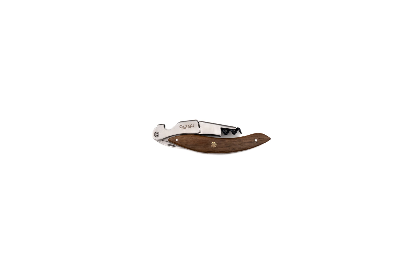The Hazaki Wine Corkscrew & Bottle Opener, featuring a Canadian White Oak wooden handle and sturdy metal components, is shown closed against a white background.