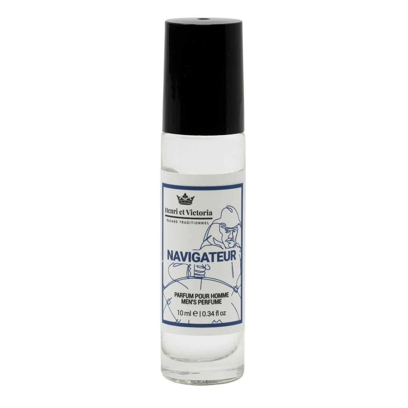 Henri et Victoria - Navigateur Perfume, 10 ml vial with black cap, perfect for travel, featuring fresh notes of lemon, lavender, musk, and pine.