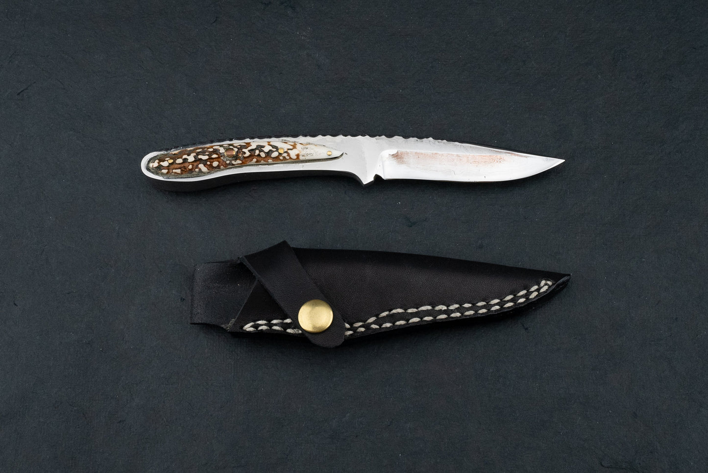 Ken Kageura Aogami Damascus with Antler Handle and Jimping Hunting Knife 85mm from Ken Kageura