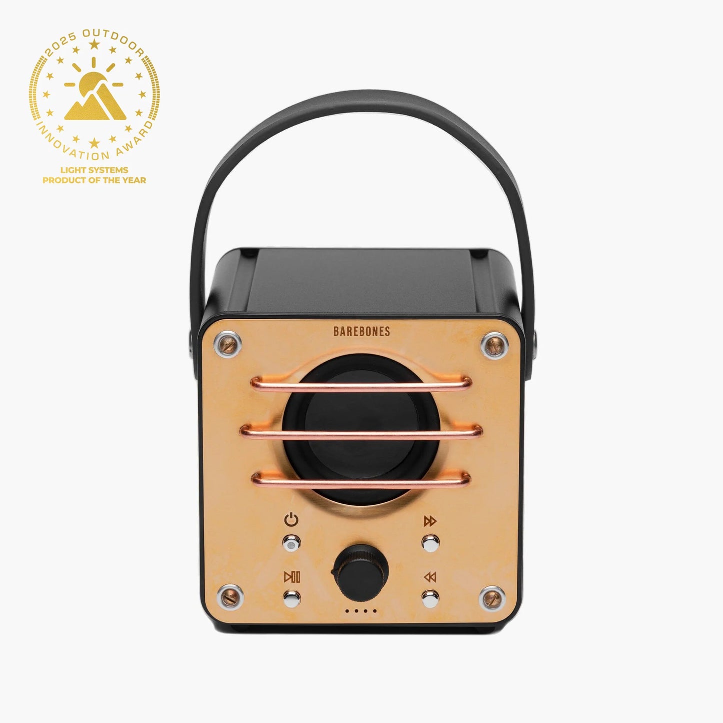 Barebones Block Tower Speaker: Portable Bluetooth speaker with built-in lantern, copper controls, and leather handle, ideal for enhancing outdoor experiences.