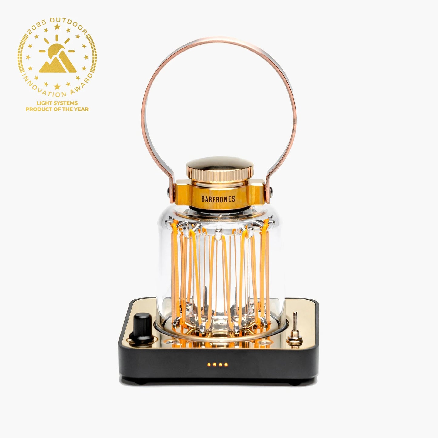 Barebones Block Tower Lantern with amber LED filaments, brass cap, and rotary dimmer, honored as 2025 Outdoor Innovation Award winner for Light Systems.