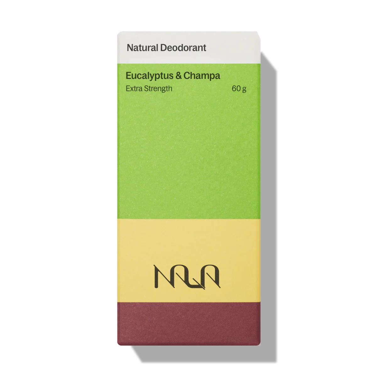 NATU natural deodorant packaging with green, yellow, and maroon colors on a white background
