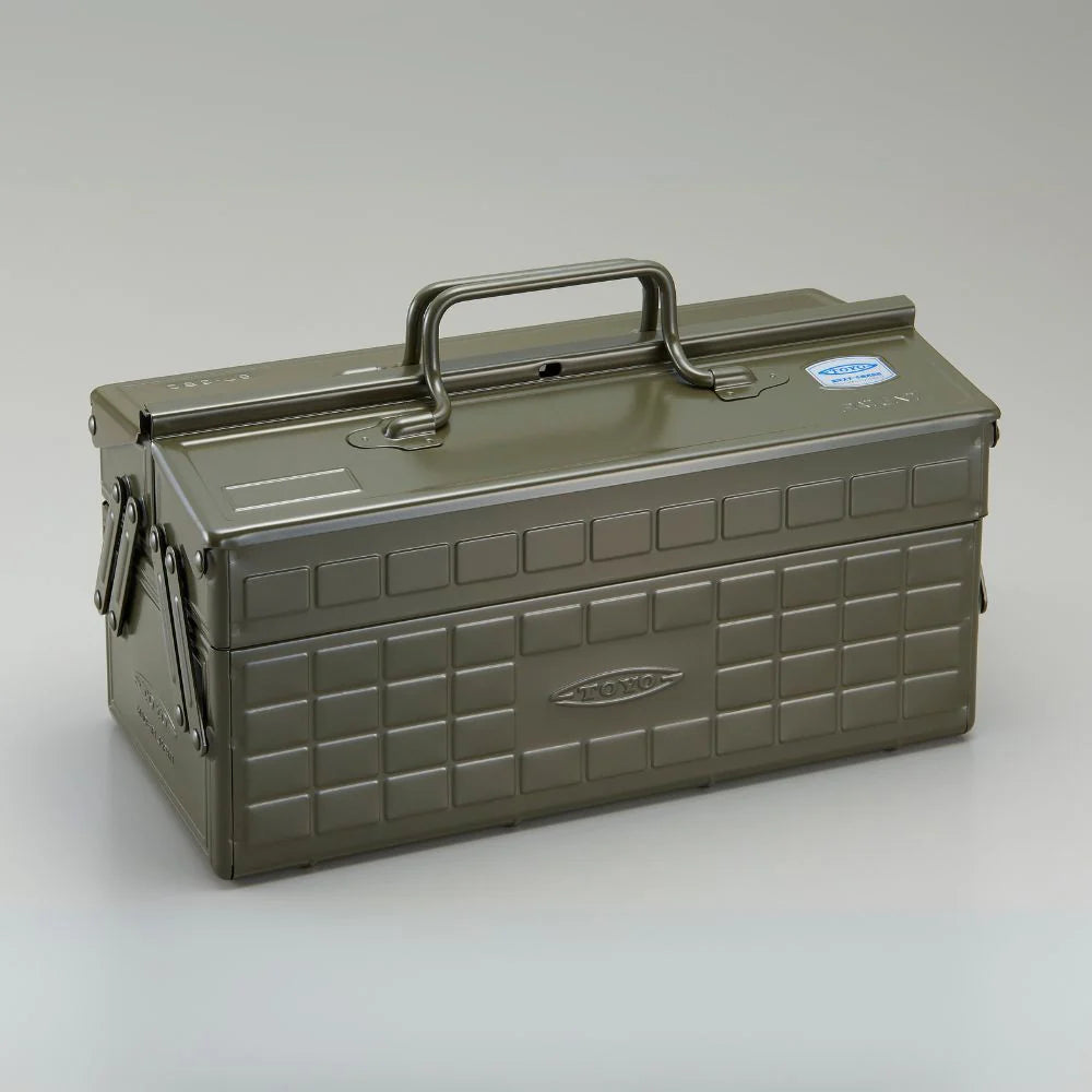 Toyo Cantilever Steel Toolbox - ST-350 featuring a rugged olive green design, fold-out trays with dividers, and embossed logo, ideal for versatile storage.