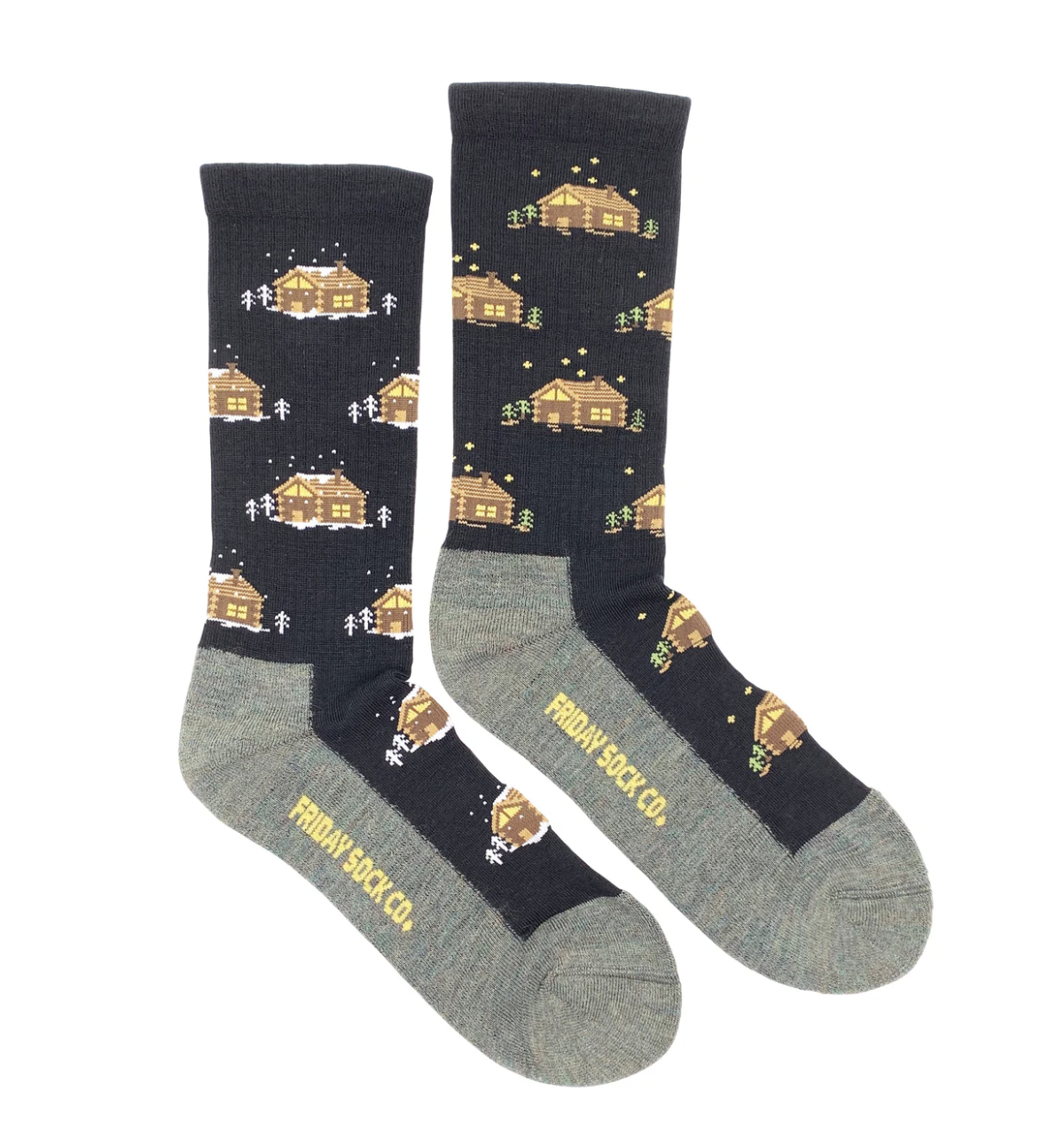 Two socks with cabin pattern and 'Fridays Sock Co.' branding on a white background