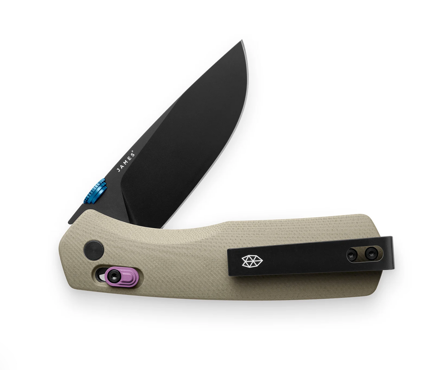 folding pocket knife with tan coloured handle and black blade on white background