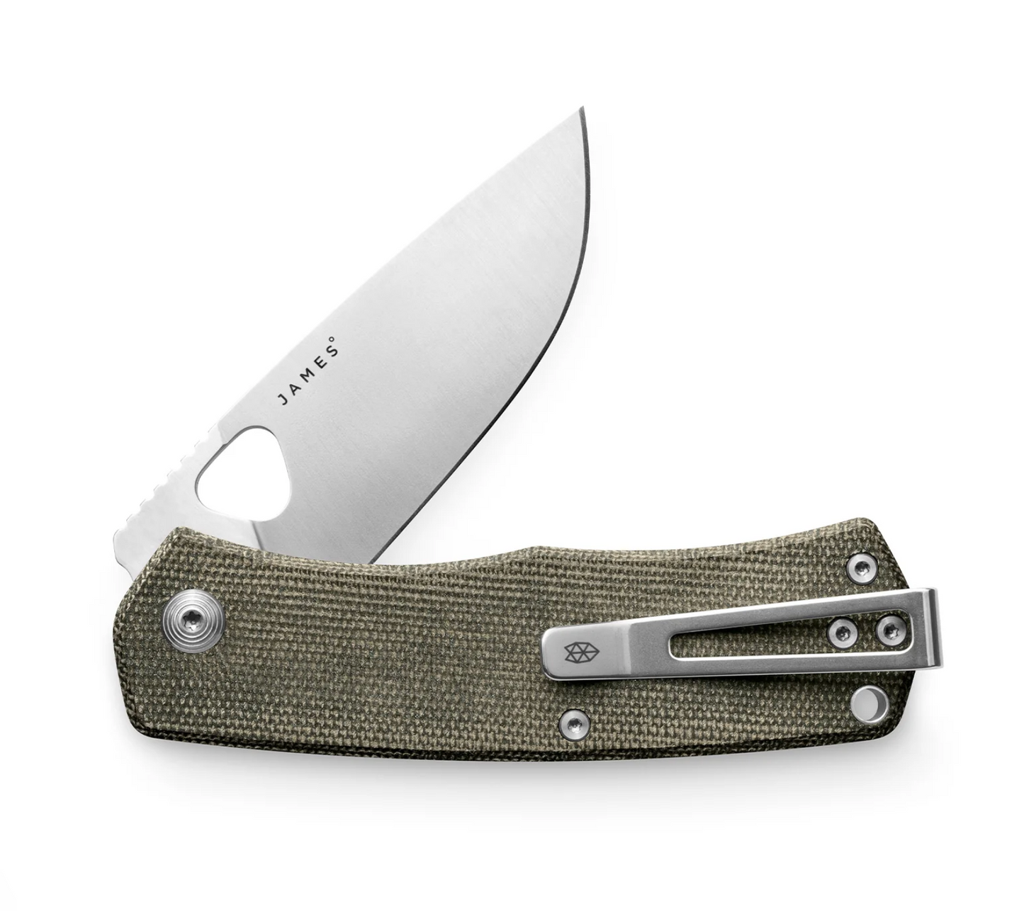 James Folsom folding pocket knife with partially open stainless steel blade, olive-green canvas handle, and reversible metal pocket-clip for versatile carry.