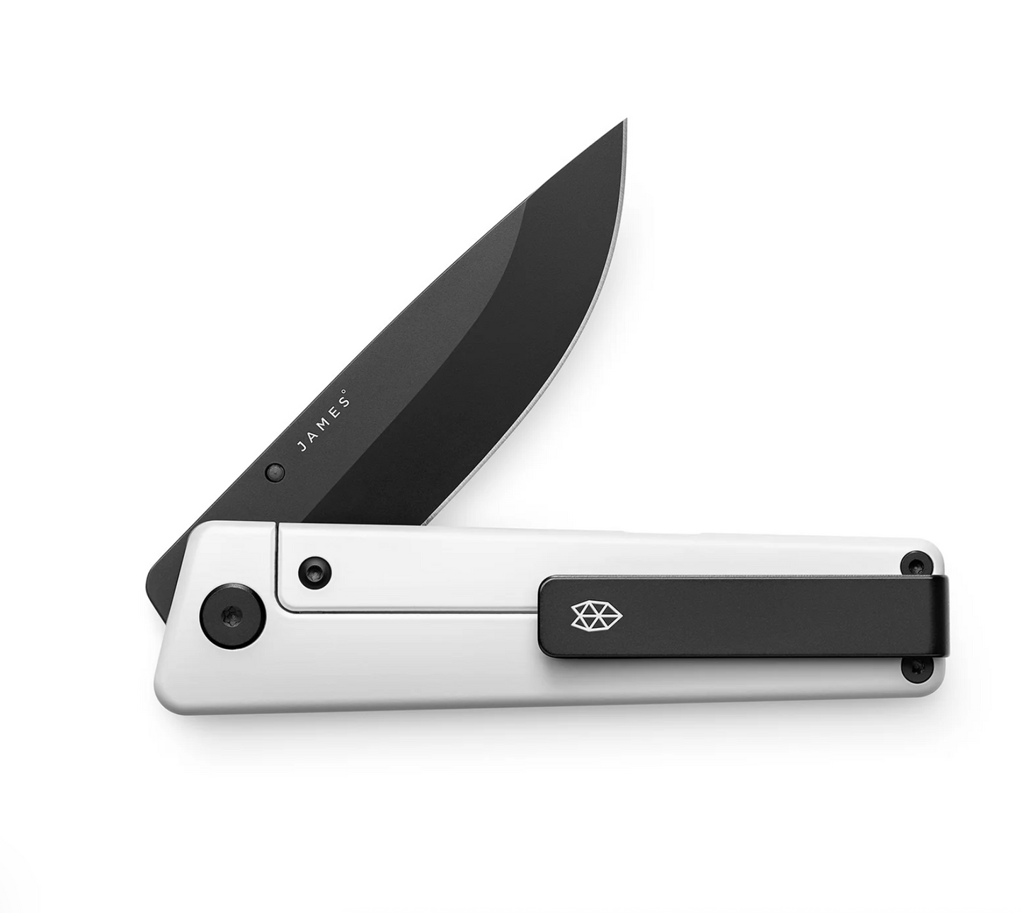 James Chapter 2 folding knife with white aluminum handle and black drop-point blade, featuring minimalist design by The James Brand.