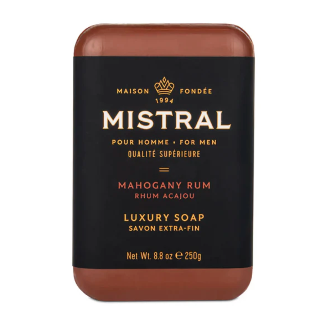 Mistral luxury soap bar with black packaging and brown sides on a white background