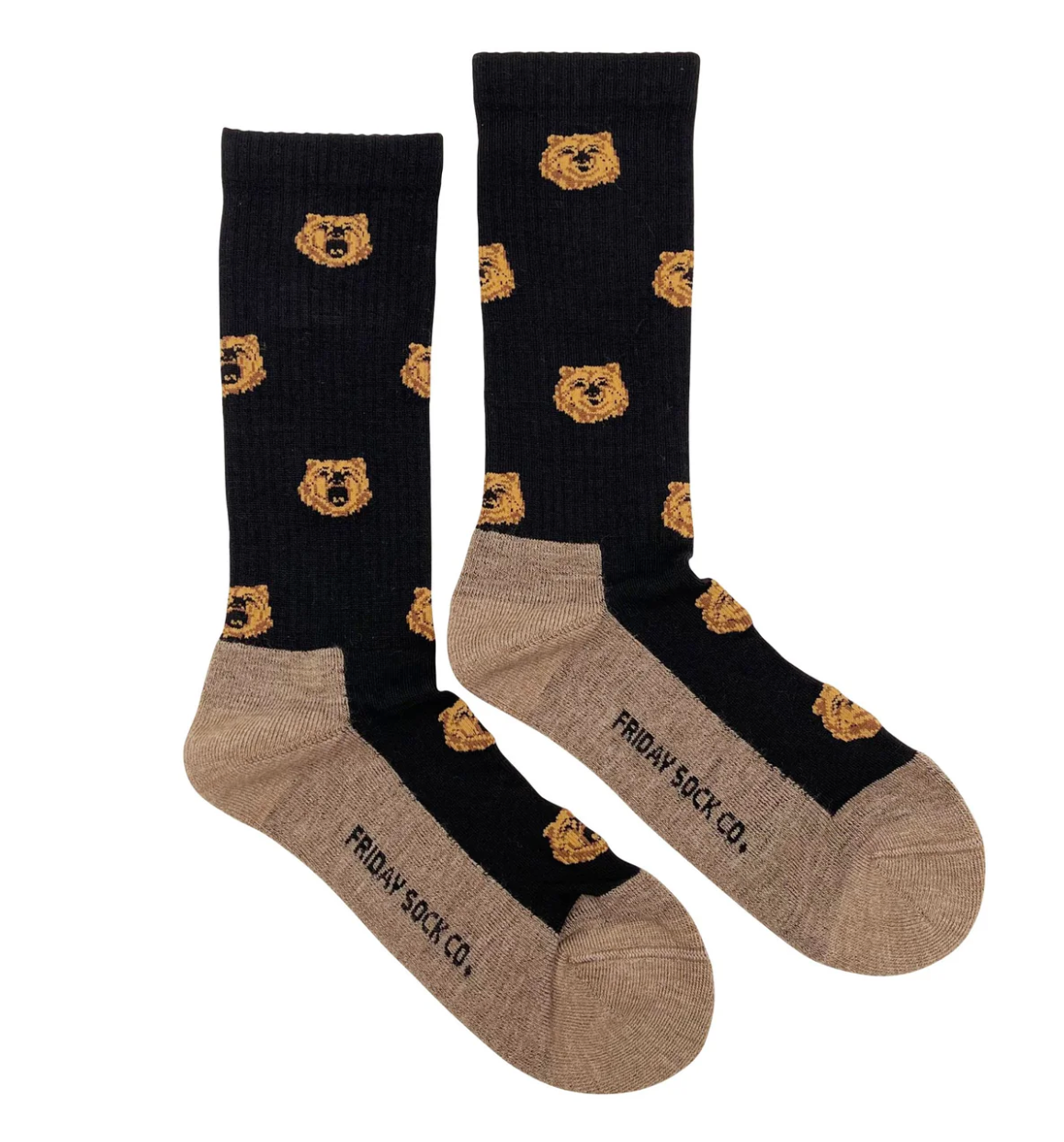 Friday Sock Co. Grizzly bear Merino Wool socks feature black bodies with golden-brown bear faces and tan heels, toes, and soles.