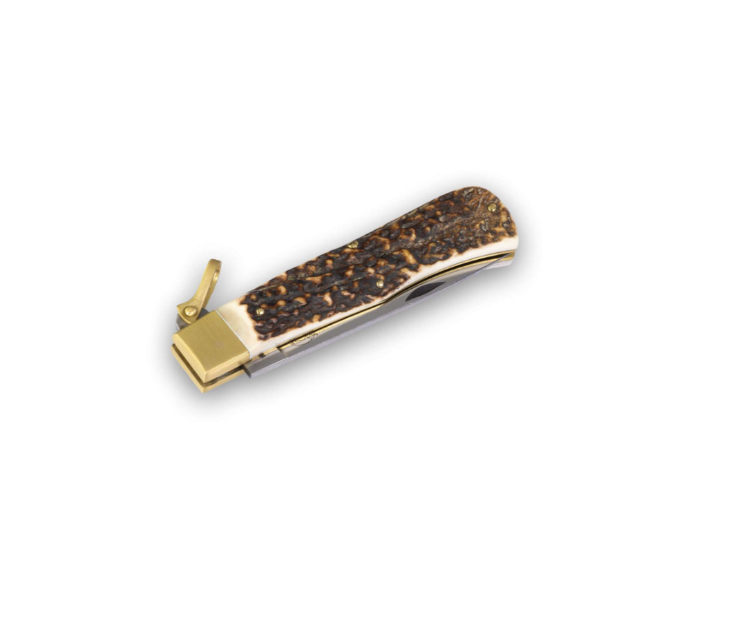 folding hunting knife with stag handle and brass lock in folded position
