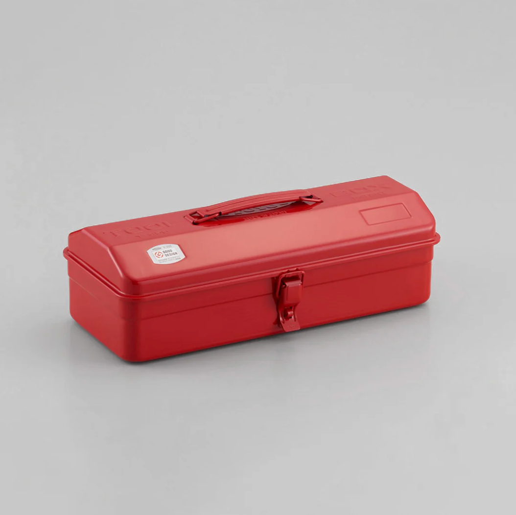 Toyo Steel Toolbox - Y-350: A durable, rectangular red metal toolbox with a top handle and front latch, offering versatile storage solutions.