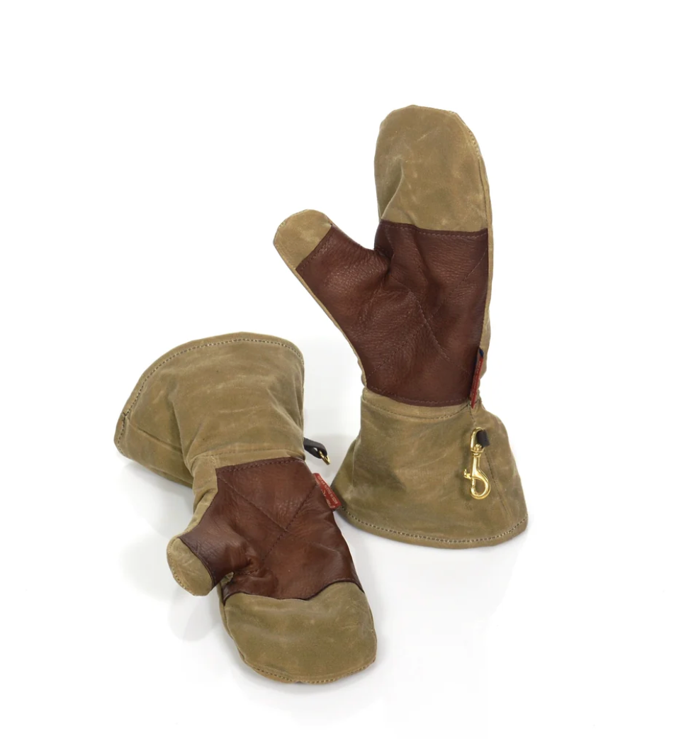 A pair of Frost River Great Northern Choppers featuring brown and tan leather with buckskin palms and attached clips, displayed on a white background in classic Frost River style.