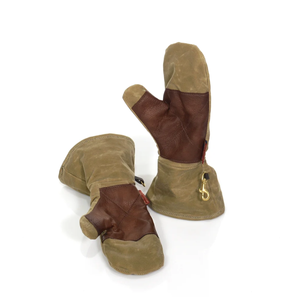 A pair of Frost River Great Northern Choppers featuring brown and tan leather with buckskin palms and attached clips, displayed on a white background in classic Frost River style.