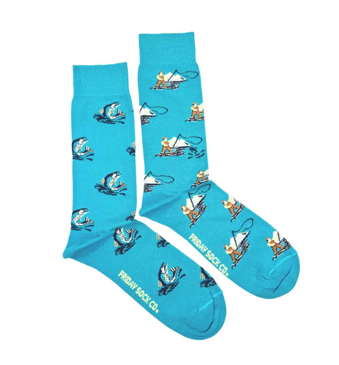 Friday Sock Co. Retro Fly Fishing Mens crew socks in bright blue with a repeating pattern of fishermen and leaping fish.