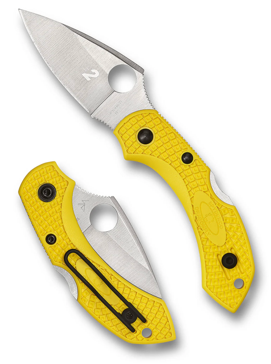Spyderco Dragonfly 2 SALT knife with a yellow textured handle, stainless-steel blade open and closed, featuring Spyderco's signature round thumb-hole for easy one-handed opening.