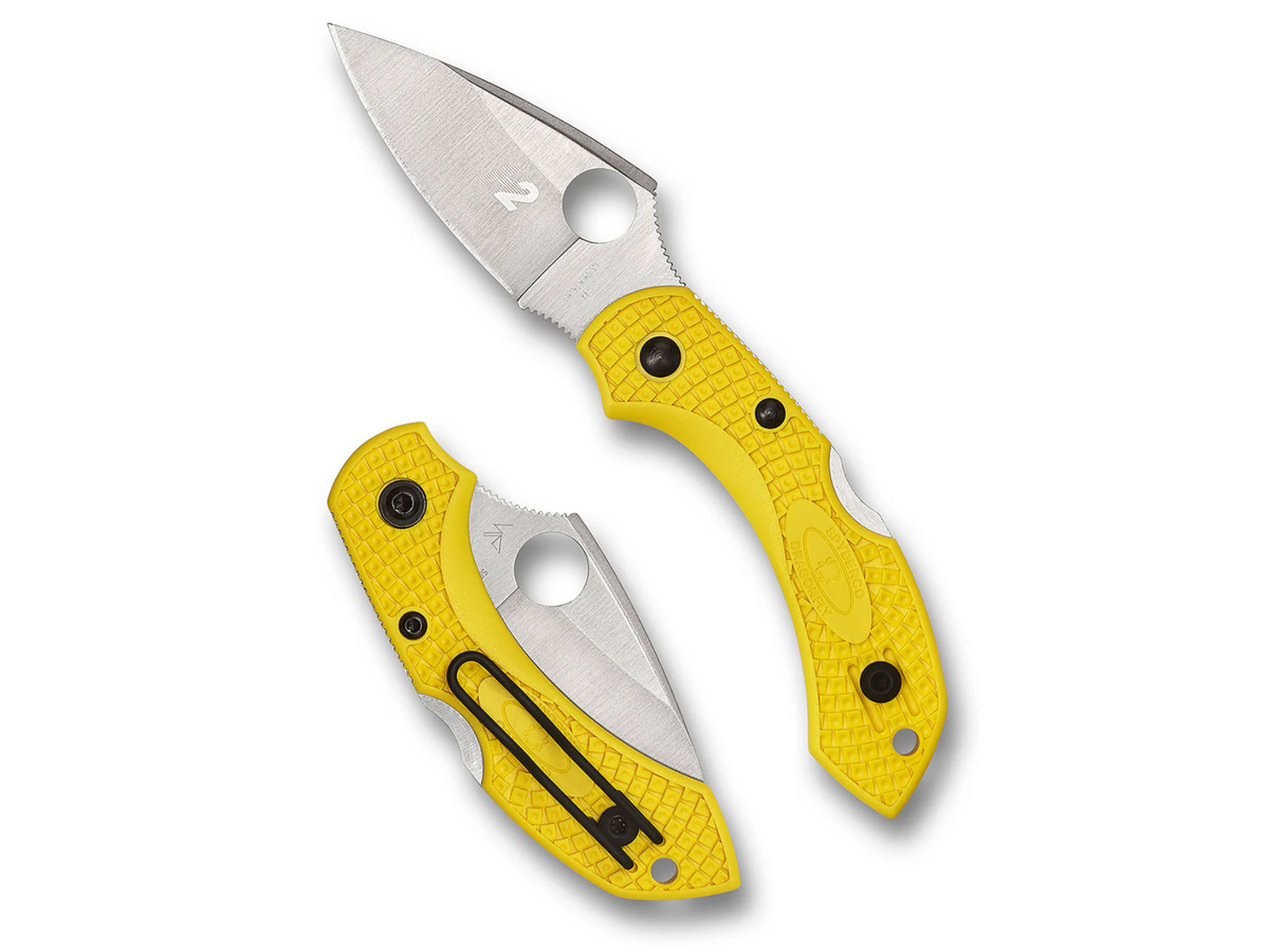 Spyderco Dragonfly 2 SALT knife with a yellow textured handle, stainless-steel blade open and closed, featuring Spyderco's signature round thumb-hole for easy one-handed opening.