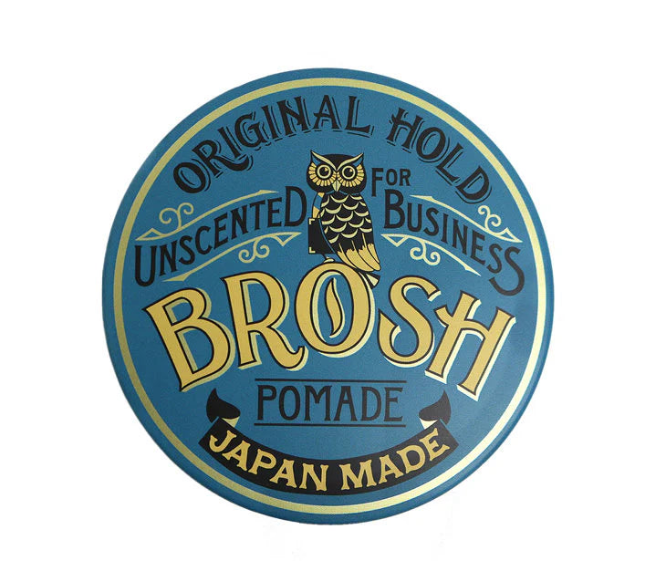 Logo of BROSH pomade with an owl illustration on a blue background