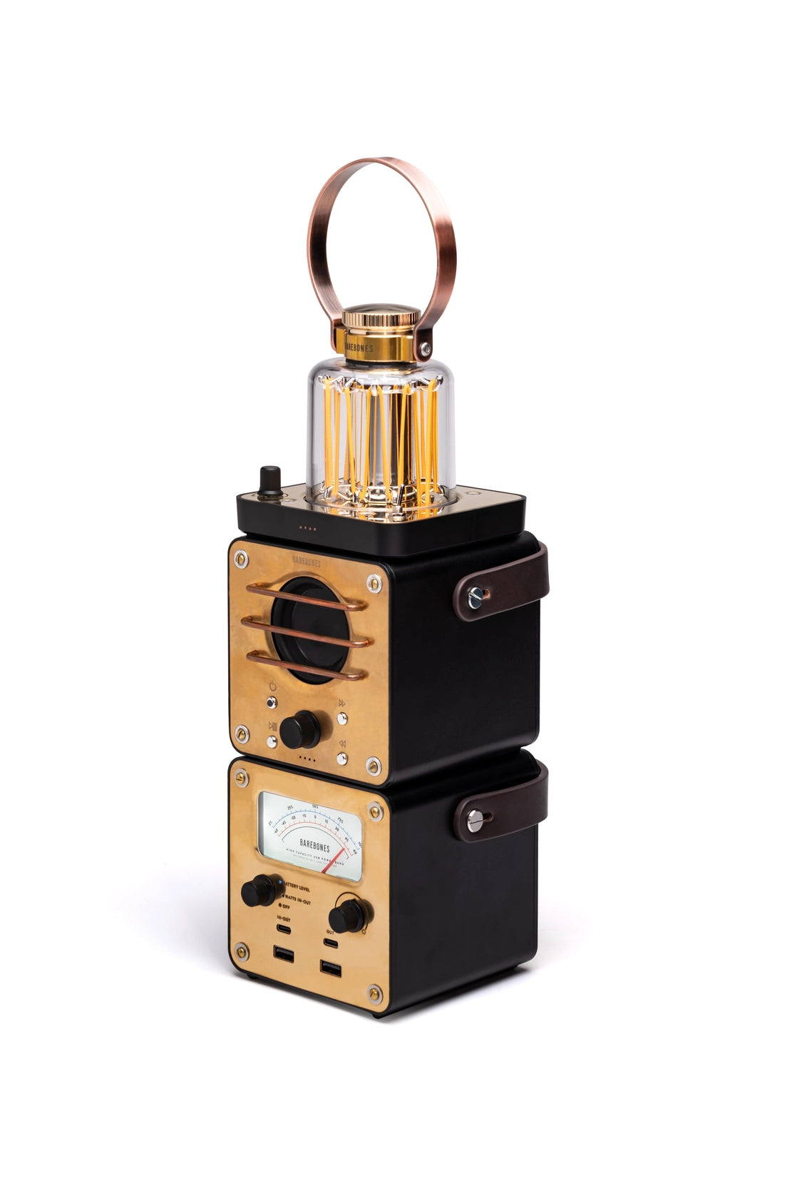 Black and gold portable radio, lamp, and battery with leathers handle on a white background