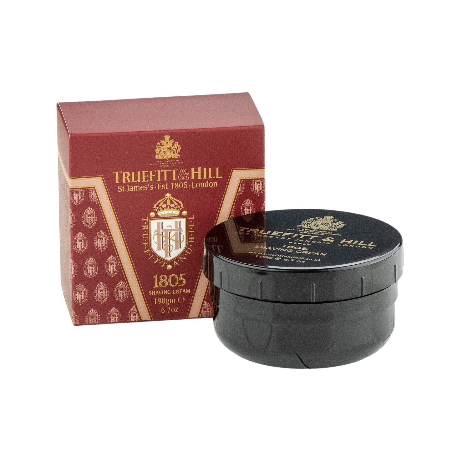 Truefitt & Hill 1805 Shave Cream in a red and gold tub, perfect for a traditional, protective shave with a rich lather, 190g.
