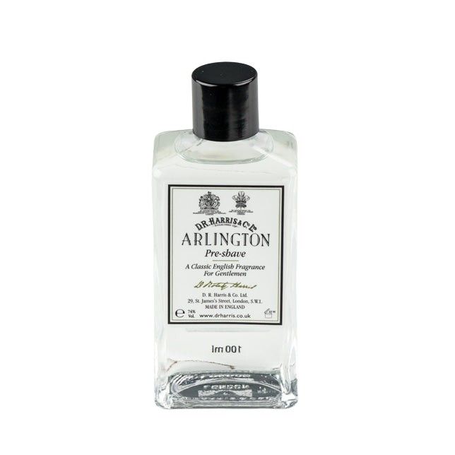D.R. Harris Arlington Preshave Lotion in a 100ml glass bottle with black cap, featuring citrus and floral notes for a luxurious, classic shaving experience.