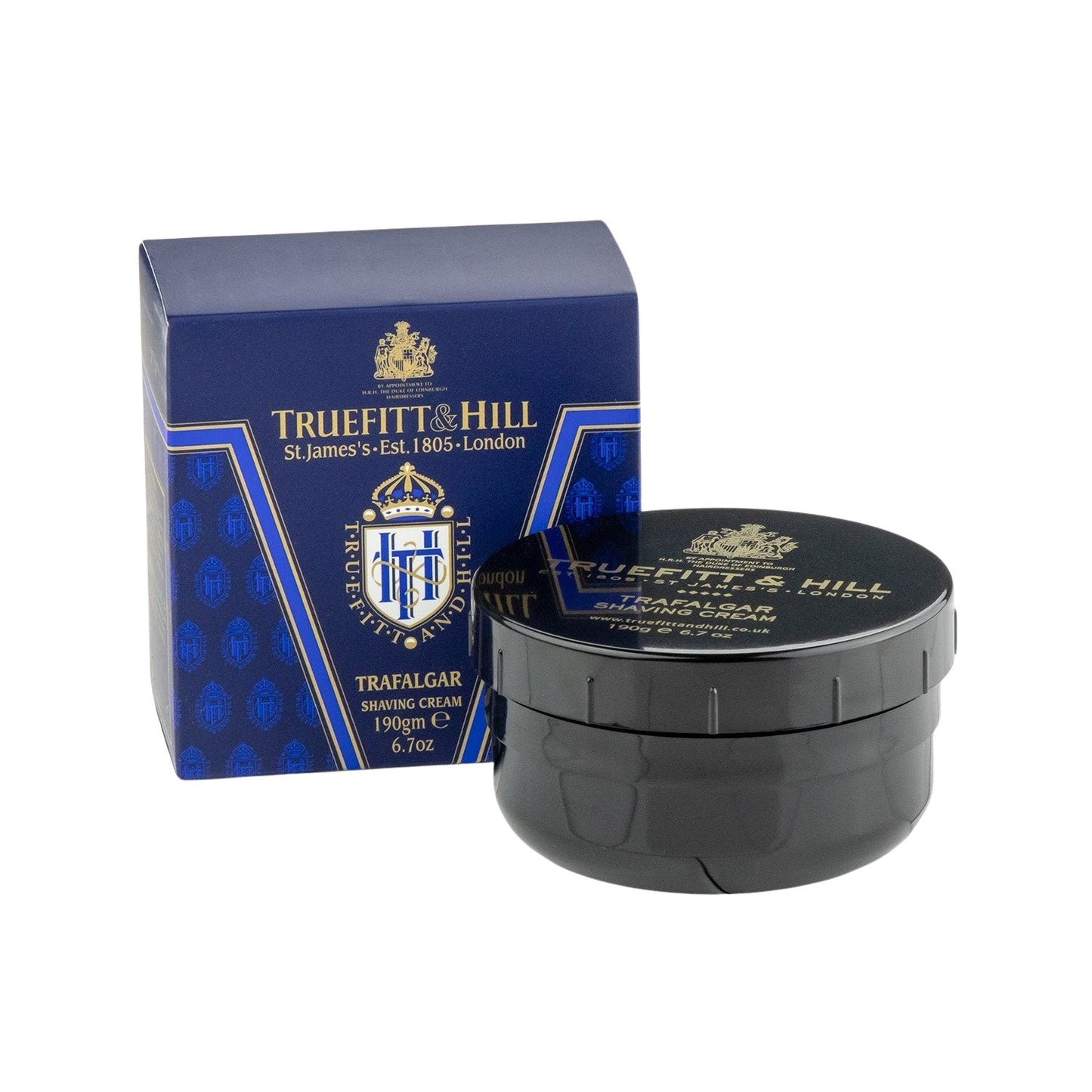 Truefitt & Hill Trafalgar Shave Cream set, featuring a tub and matching branded box, symbolizes classic shaving tradition with rich lather and a refined scent.