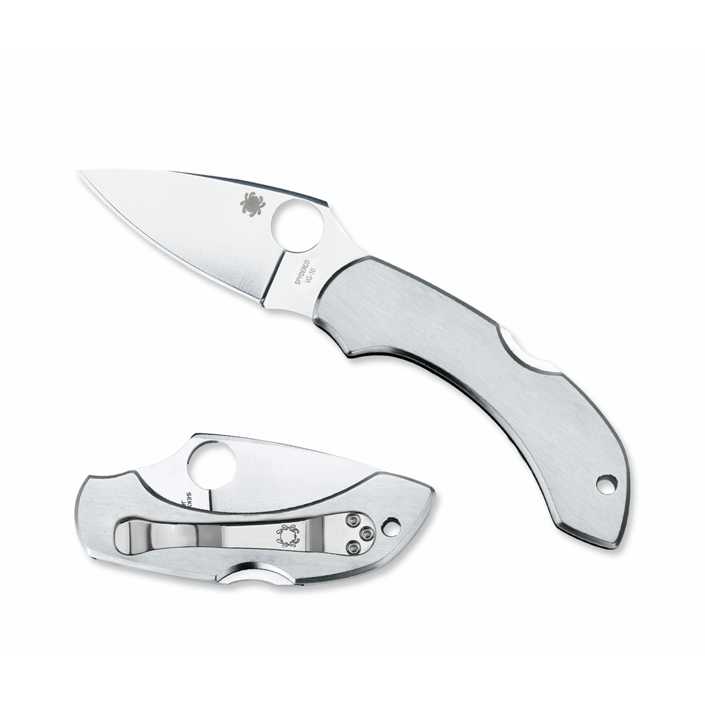 Spyderco Dragonfly Pocket Knife showing open blade with thumb hole and closed handle with clip, ideal for engraving and everyday use.