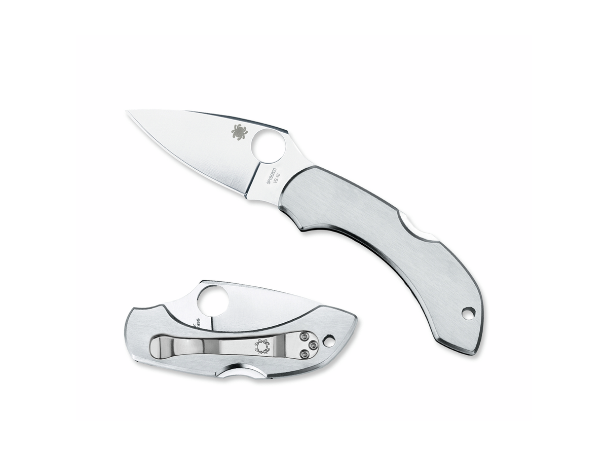 Spyderco Dragonfly Pocket Knife showing open blade with thumb hole and closed handle with clip, ideal for engraving and everyday use.