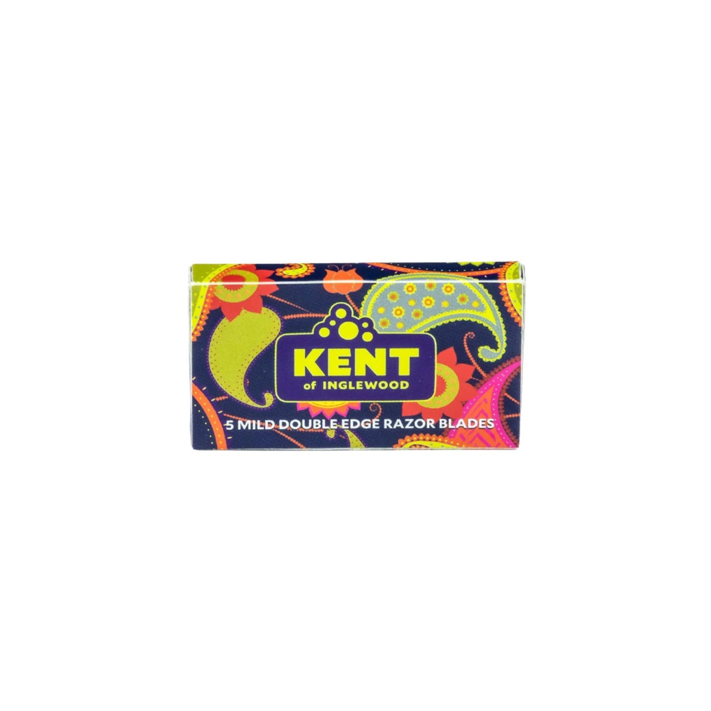 Kent's Best Shaving Kit includes a vibrant box of Kent of Inglewood's Mild Double-Edge Razor Blades, showcasing a paisley pattern and premium shaving essentials.