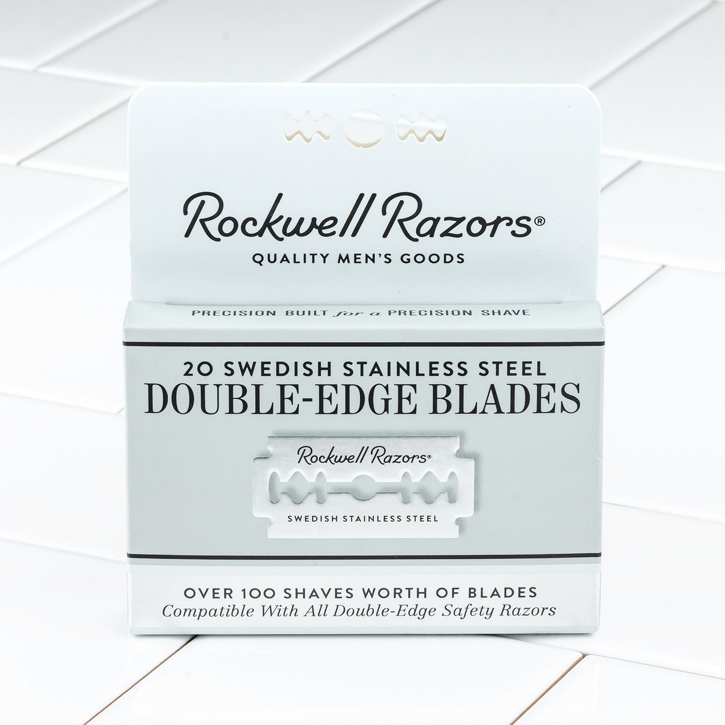Rockwell Razors Double Edge Safety Razor Blades: Swedish stainless-steel, pack of 20 blades, compatible with all safety razors, suitable for sensitive skin and moderate hair.