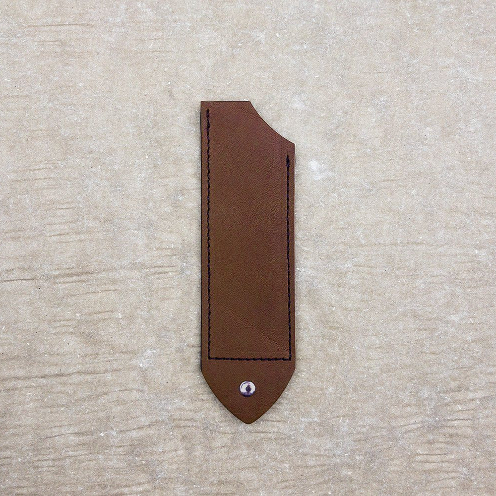Horace & Jasper Leather Higo Knife Sleeve: Handmade leather sheath with a single pocket, top notch for easy removal, side stitching, and bottom rivet for secure closure.