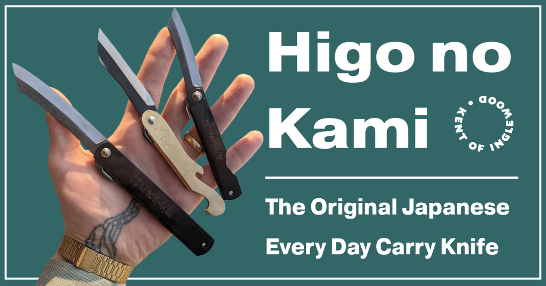 Hand holding three knives with 'Higo no Kami' branding on a green background