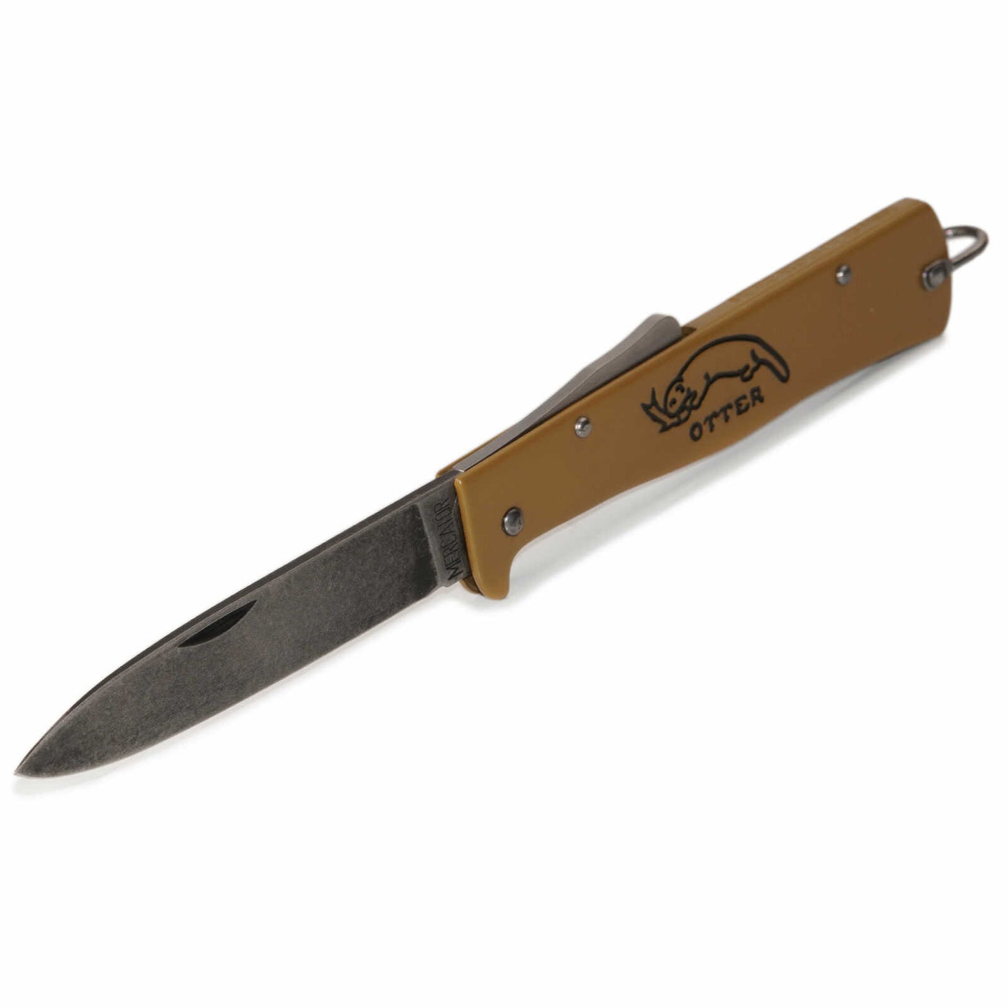 The Otter-Messer Mercator "Sahara" is a folding pocket knife with a brown handle, black otter logo and "OTTER" text, a partially open blade, keyring loop, and is made in Solingen, Germany.