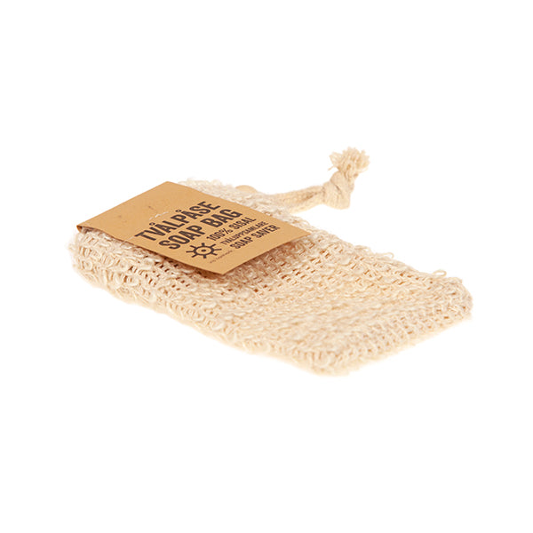 Natural soap bag with a brown label on a white background