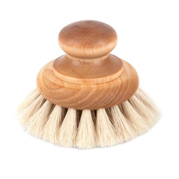 Wooden dish brush with bristle head on a white background