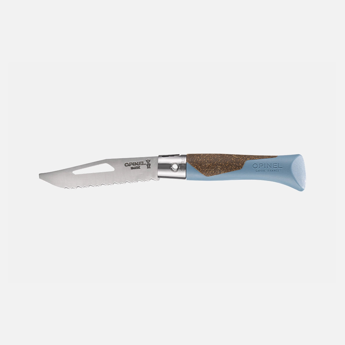 The Opinel Neo 7 Alpine is a versatile folding knife featuring a blue handle, a cork grip, and a partially serrated stainless steel blade with a cut-out near the tip—making it an essential mountain tool for any outdoor enthusiast.