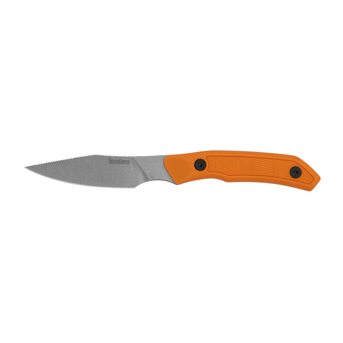 The Kershaw Deschutes Combo is a fixed blade hunting knife featuring a stonewashed D2 steel blade and an orange textured handle, displayed against a plain white background.