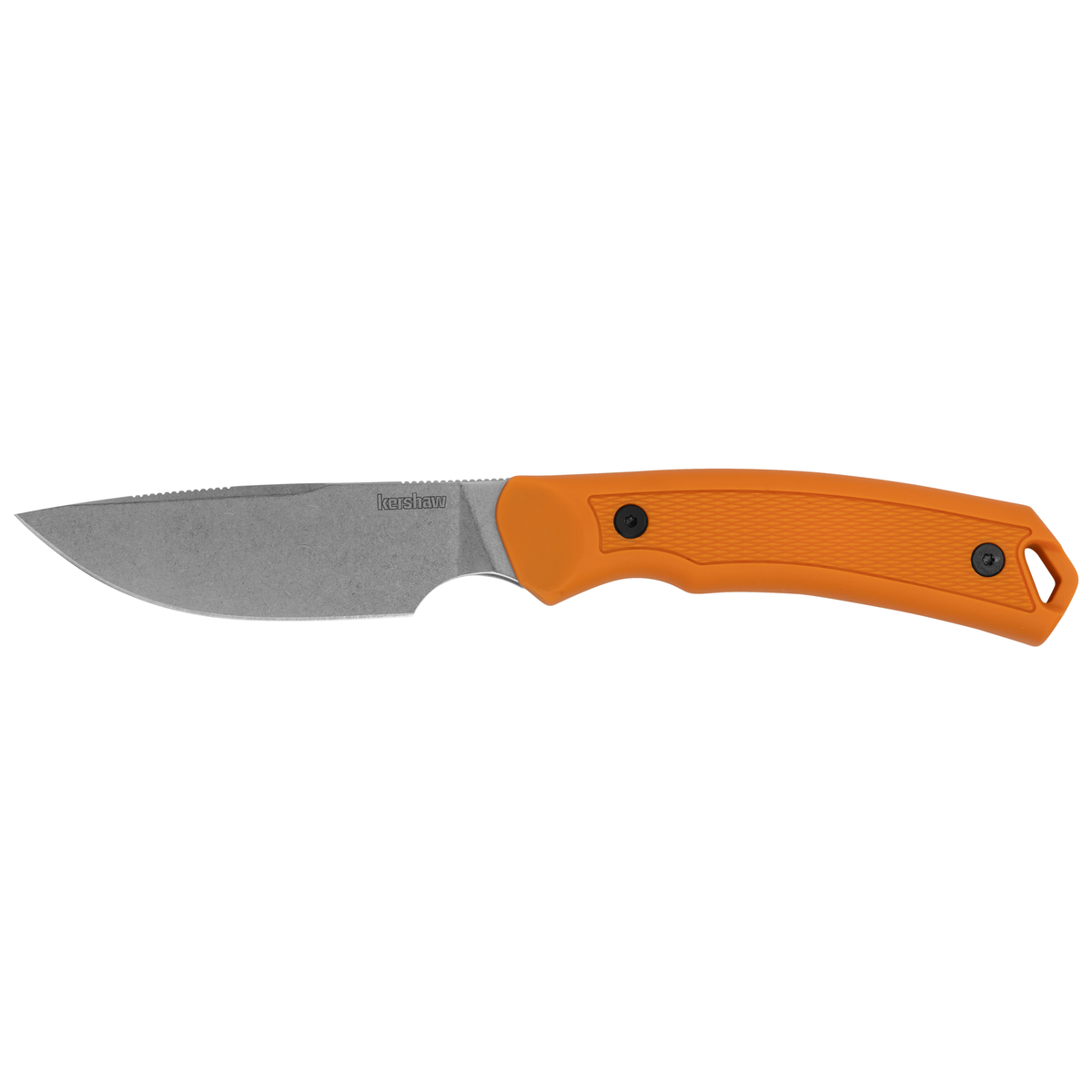 The Kershaw Deschutes Combo is a fixed blade hunting knife with a stonewashed D2 steel blade and an orange textured handle, shown on a white background.