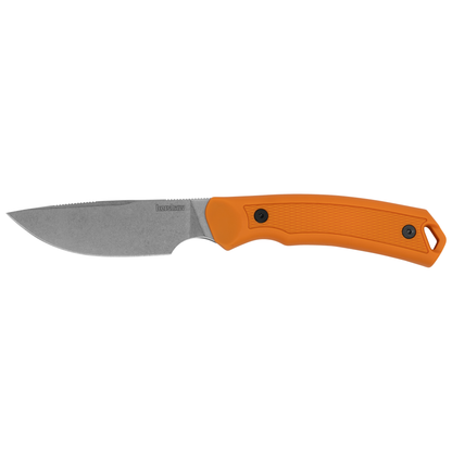 The Kershaw Deschutes Combo is a fixed blade hunting knife with a stonewashed D2 steel blade and an orange textured handle, shown on a white background.