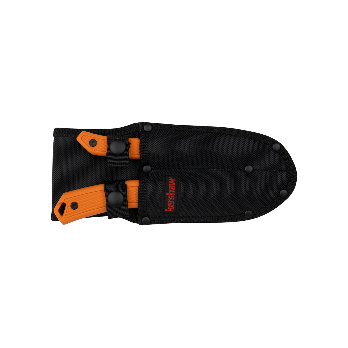 The Kershaw Deschutes Combo features a black nylon double sheath with visible black rivets and a red Kershaw logo, housing two orange-handled fixed blade hunting knives—one slightly smaller than the other—both secured with snap closures.